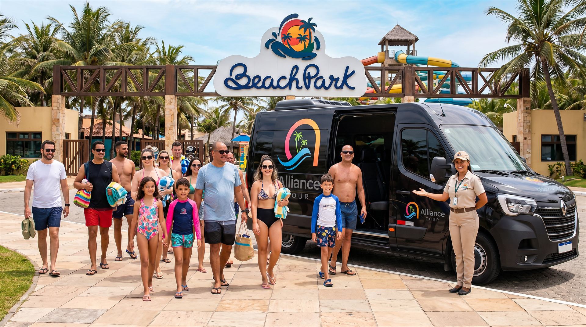 Van da Alliance Tour com clientes na entrada do Beach Park, em Aquiraz