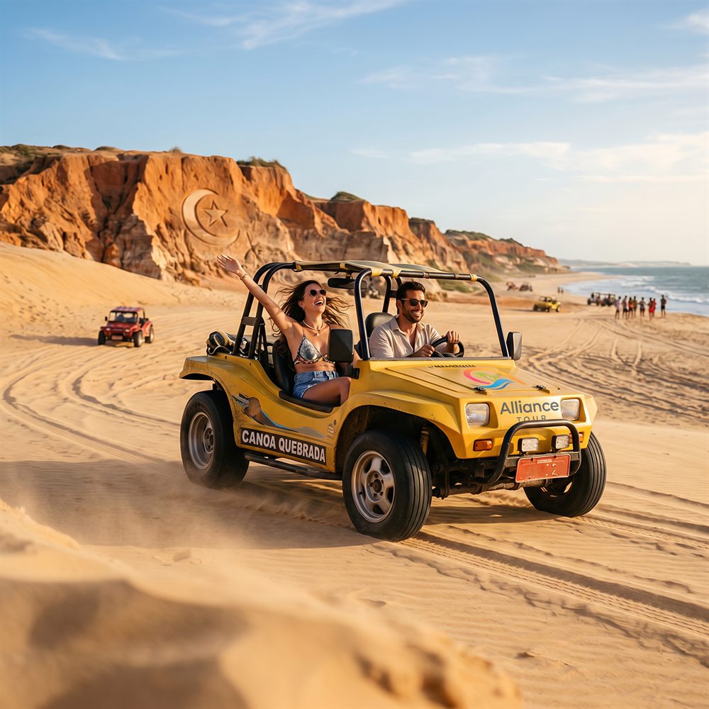 Casal em buggy da Alliance Tour nas dunas de Canoa Quebrada